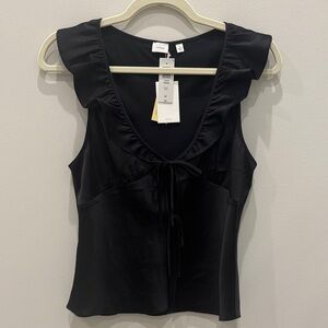 Aritzia Tonka Satin Black Ruffled Sleeveless Blouse